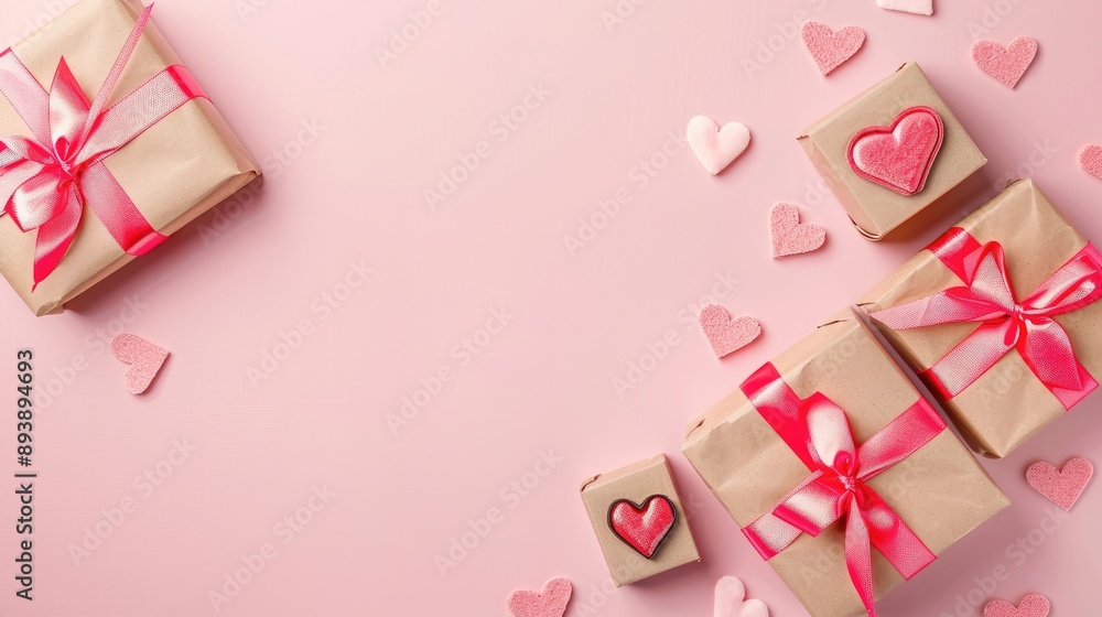 Poster valentine s day themed flat lay with presents and hearts on soft pink backdrop top view with space f