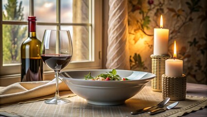 Elegant French dining setup with pasta, wine, and candles. Cozy and romantic dinner setting.