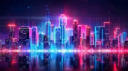 Naklejka premium A futuristic cityscape illuminated with vibrant neon lights, reflecting in a tranquil body of water. The image symbolizes urban development, technological advancement, and a modern aesthetic. - A fut