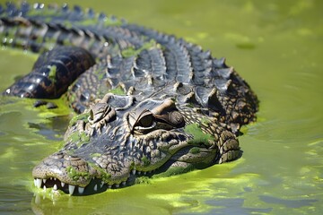 Fototapeta premium Majestic Crocodile Gliding Through Green Waters
