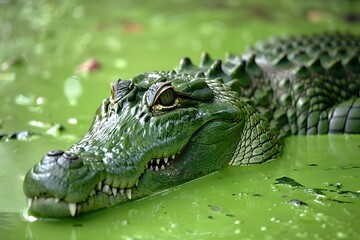 Fototapeta premium Majestic Crocodile Lurking in Green Waters