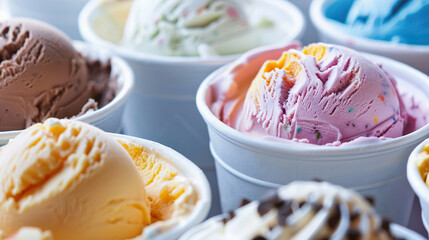 Assorted Summer Ice Cream Scoops in Colorful Cups for Frozen Treats
