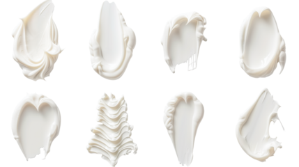 A set of different white cream smears showcasing various textures and shapes on a transparent PNG background. Ideal for beauty, skincare, and cosmetic product presentations, highlighting the smooth 