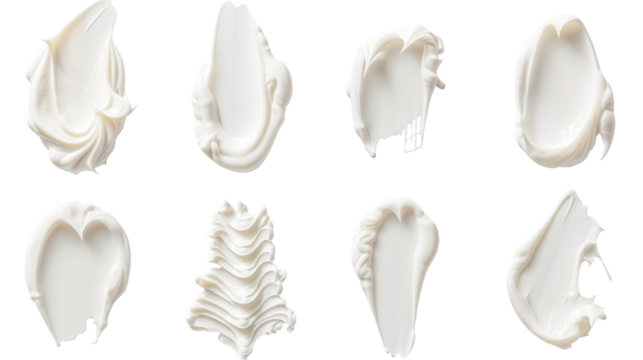 A set of different white cream smears showcasing various textures and shapes on a transparent PNG background. Ideal for beauty, skincare, and cosmetic product presentations, highlighting the smooth 