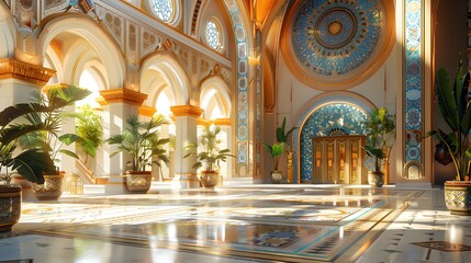 Obraz premium A stunning interior of an ornate, brightly-lit hall featuring intricate patterns, lush greenery, and decorative arches, creating a luxurious ambiance. 
