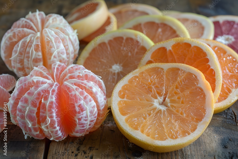 Poster a colorful display of citrus fruits: grapefruit and oranges