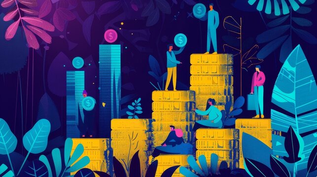A team of diverse individuals stand on stacks of gold coins, symbolizing financial growth, teamwork, and success. Lush foliage represents a thriving environment for business development, while the coi