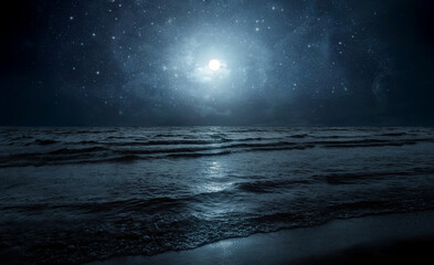 Moon over sea or ocean. Night view. A good background for the theme of travel, vacation, voyage. Moonlight background.