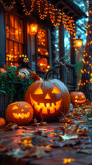 Carved pumpkins with glowing faces on a porch decorated with Halloween lights and leaves. Concept: Halloween decorations. Use: holiday promotions, themed events. Commercial interest: festive marketing