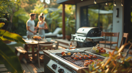 European family enjoying a barbecue in a clean, sunny backyard, emphasizing outdoor cooking and togetherness.
