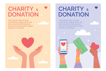 Fundraising event poster. Charity flyers template, volunteer hand giving donation, sponsor support humanitarian help philanthropy community assistance brochure vector illustration