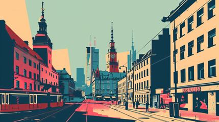 Obraz premium Risograph vibrant riso print travel poster, card, wallpaper or banner illustration, modern, isolated, clear, simple of Warsaw, Poland. Artistic, screen printing, retro, vintage