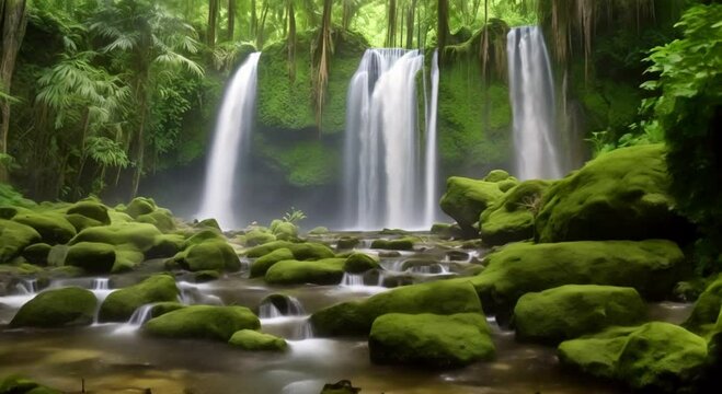 Beautiful waterfalls in rain forest viewing from windows Seamless looping timelapse video animation background 4k animationBeautiful waterfalls in rain forest viewing from windows Seamless looping tim