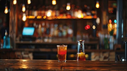 Blurred image of bartender s setup with bar ambiance wooden backdrop and beverages