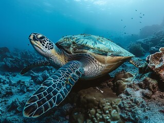 Obraz premium A sea turtle swims gracefully through a vibrant coral reef, showcasing the beauty and tranquility of marine life underwater.