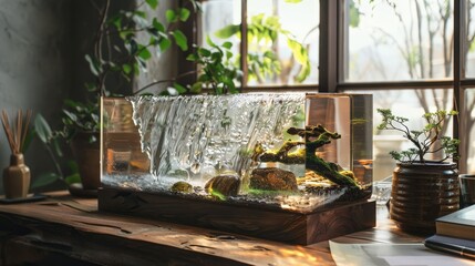 A miniature indoor waterfall, encased in a glass enclosure, sits on a wooden table, creating a serene and relaxing atmosphere
