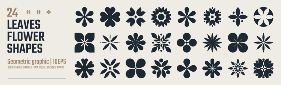 Set of trendy flower silhouette, floral symmetrical tattoo shape vector, plant symbols in Y2K aesthetics, Collection of various form, stickers assets, abstract geometric graphic elements