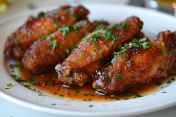 Deliciously Glazed Chicken Wings Garnished with Fresh Herbs