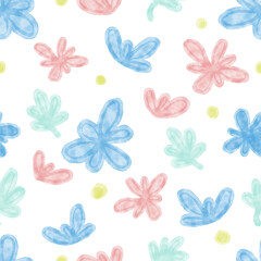 seamless floral pattern watercolour hand drawn minimalist blue pink flowers illustration on white background.	