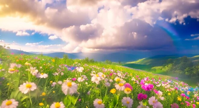 Landscape with flowers on clouds sky with rainbow backgrounds Seamless looping time lapse video animation background 4k animation