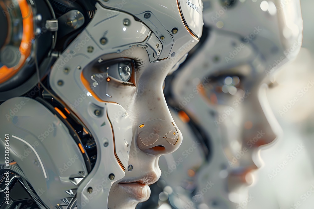 Poster futuristic close-up of advanced android faces with intricate details