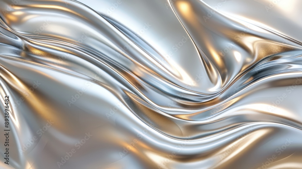 Poster a close-up view of a silver fabric with hints of gold, draped and flowing in soft, abstract curves