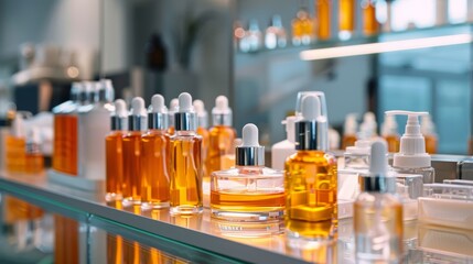 A close-up shot of a shelf displaying a variety of skincare products, showcasing luxurious bottles with dropper caps and clean, minimalist design. The bottles are filled with a clear, golden liquid, s