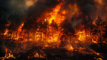 Intense heat leads to forest fires, quickly spreading flames and rising thick smoke.

