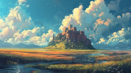 A majestic castle stands tall on a lush green hilltop, surrounded by a tranquil meadow and a winding stream. The sky is a vibrant blue canvas, adorned with fluffy white clouds, creating a breathtaking