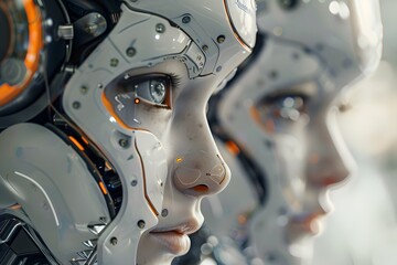 Futuristic Close-Up of Advanced Android Faces with Intricate Details