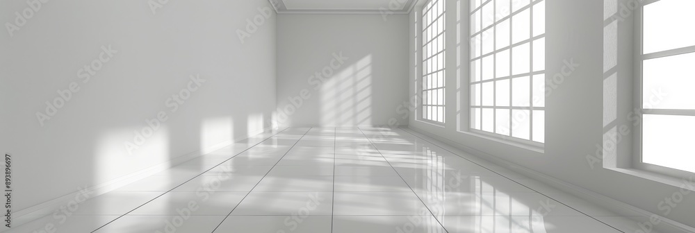 Poster A bright and airy white room with large windows allowing natural light to illuminate the space. The clean lines and simple design create a sense of calm and serenity. This image is perfect for represe
