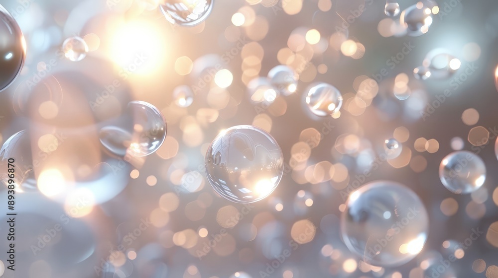 Poster many clear bubbles float in front of a soft, golden background with light shimmering through them