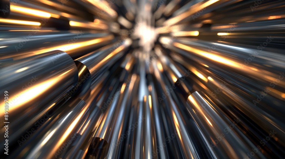 Poster A close-up view of a composition featuring an array of shiny metallic tubes, all pointed towards a central point of light, creating an abstract and contemporary design