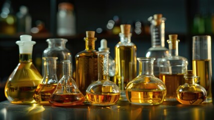 Variety of oils on glassware on black table indoors close up view