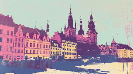 Fototapeta premium Risograph colorful riso print travel poster, card, wallpaper or banner illustration, modern, isolated, clear, simple of Wrocław, Poland. Texture, backdrop, screen printing, stencil