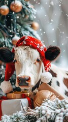 cow, bull near the Christmas tree. christmas pets. happiness, celebration and fun. artiodactyl animals.