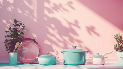 Pastel Kitchenware with Soft Sunlight and Shadow Play - A serene kitchen setting with pastel-colored cookware and plants, bathed in soft sunlight casting delicate shadows. This image symbolizes peace,
