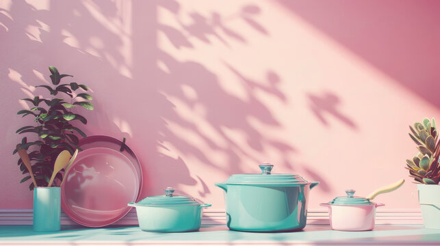 Pastel Kitchenware with Soft Sunlight and Shadow Play - A serene kitchen setting with pastel-colored cookware and plants, bathed in soft sunlight casting delicate shadows. This image symbolizes peace,
