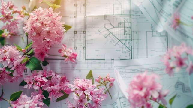 This image evokes a sense of new beginnings, with pink blossoms symbolizing growth and renewal, while the architectural plans represent the future and possibility. The light shining through the blosso