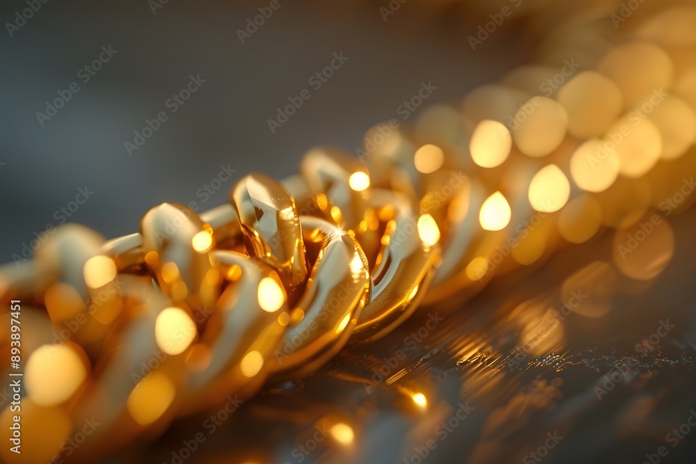 Poster close-up of a shiny gold chain with bokeh background