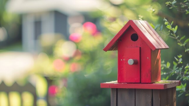A classic red birdhouse sits on a wooden post in a lush green garden with a blurred background of a white house and red flowers, symbolizing nature, home, tranquility, wildlife, and sanctuary. - A cla