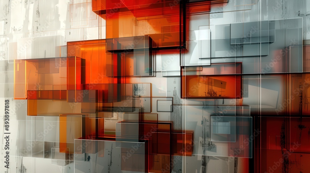 Poster a modern abstract design featuring overlapping glass rectangles in shades of orange and gray, creati