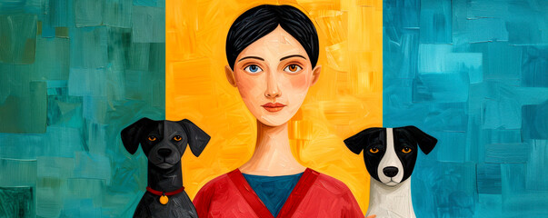 Artistic portrait of a woman with two dogs against a colorful abstract background, showcasing vibrant colors and unique artistic style.