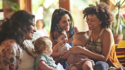 A diverse group of mothers sharing breastfeeding experiences in a support group