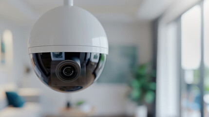 Close-up of a security camera installed indoors, focusing on home security and surveillance in a modern, bright living space.