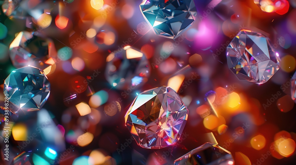 Poster a close-up image of multiple faceted gemstones floating in mid-air against a blurry background of co