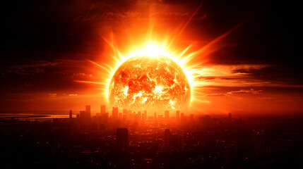 Dramatic image of a fiery planet or sun setting behind a cityscape, evoking themes of apocalypse, end times, and natural disasters.