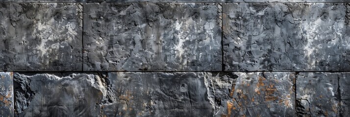 A close-up shot of a dark grey slate stone wall, showcasing the natural texture and irregular patterns of the stone.  The rough surface adds a rustic and industrial feel, ideal for design projects. - 