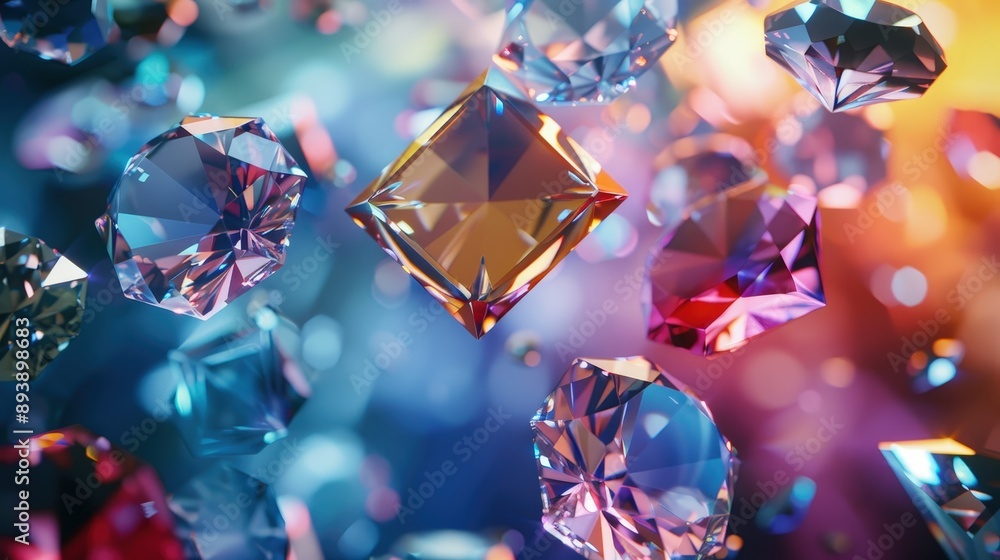 Poster a group of faceted gemstones of various shapes and sizes float against a background of vibrant, blur