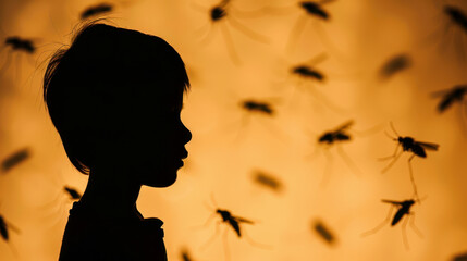 Silhouette of a child with mosquitoes flying around Introducing the concept of summer pests and pest control. Dengue fever on a golden background